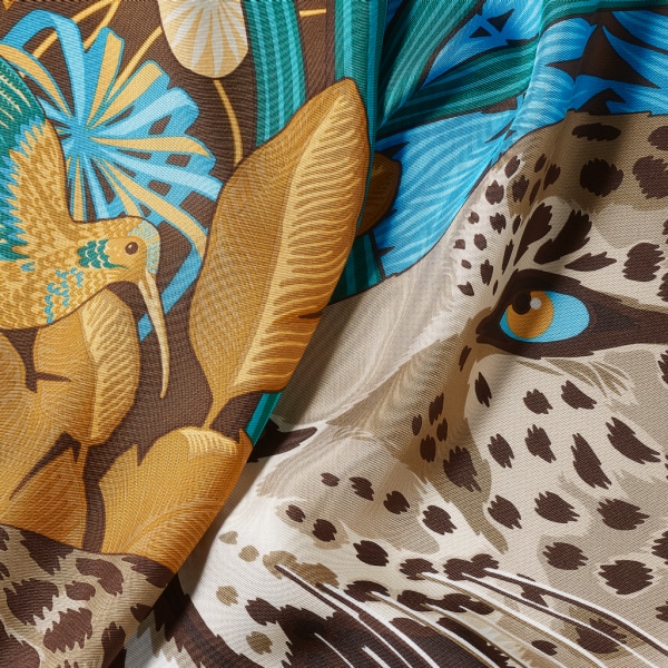 猎豹丛林图案方巾 90 米色斜纹真丝
