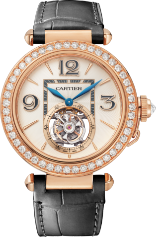 Pasha de Cartier watch 41 mm, hand-wound mechanical movement, rose gold, diamonds, 2 interchangeable leather straps