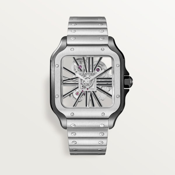 Santos de Cartier watch Large model, hand-wound mechanical movement, steel, interchangeable metal and leather bracelets