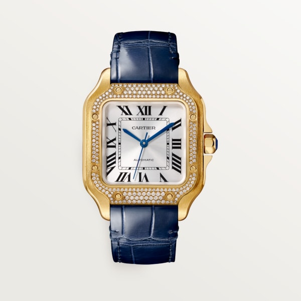 Santos de Cartier watch Medium model, automatic movement, yellow gold, diamonds, 2 interchangeable leather bracelets