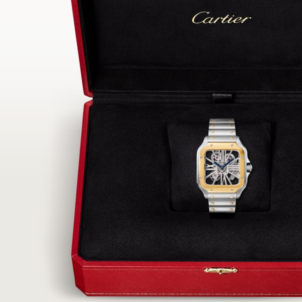 Santos de Cartier腕表 大号表款，手动上链机械机芯，18K黄金与精钢，皮表带
