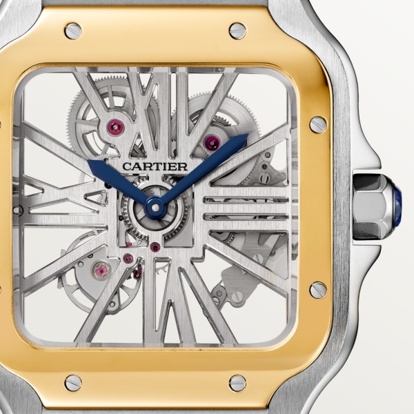 Santos de Cartier watch Large model, hand-wound mechanical movement, yellow gold, steel, leather