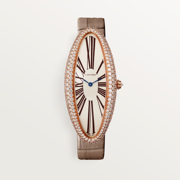 Baignoire Allongée watch Extra-large model, hand-wound mechanical movement, rose gold, diamonds