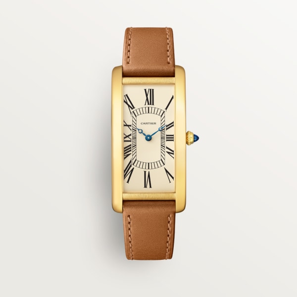Tank Cintrée watch Large model, hand-wound mechanical movement, yellow gold, leather