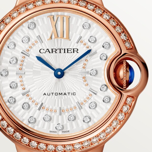 Ballon Bleu de Cartier watch 33 mm, automatic mechanical movement, rose gold, diamonds, leather