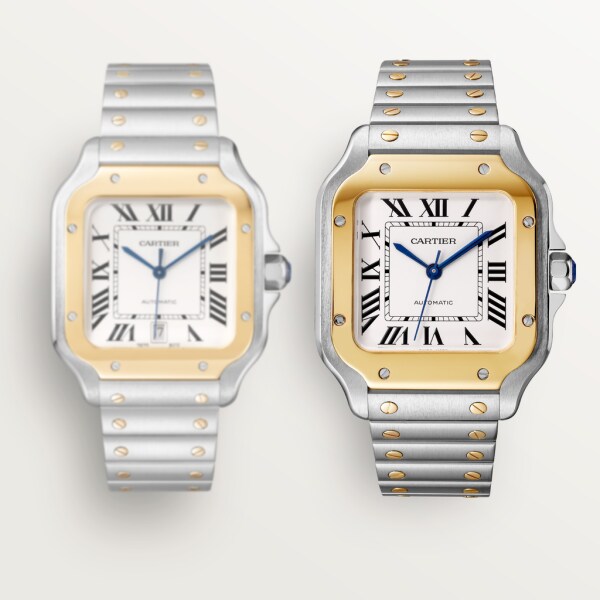 Santos de Cartier watch Medium model, automatic movement, yellow gold, steel, interchangeable metal and leather bracelets