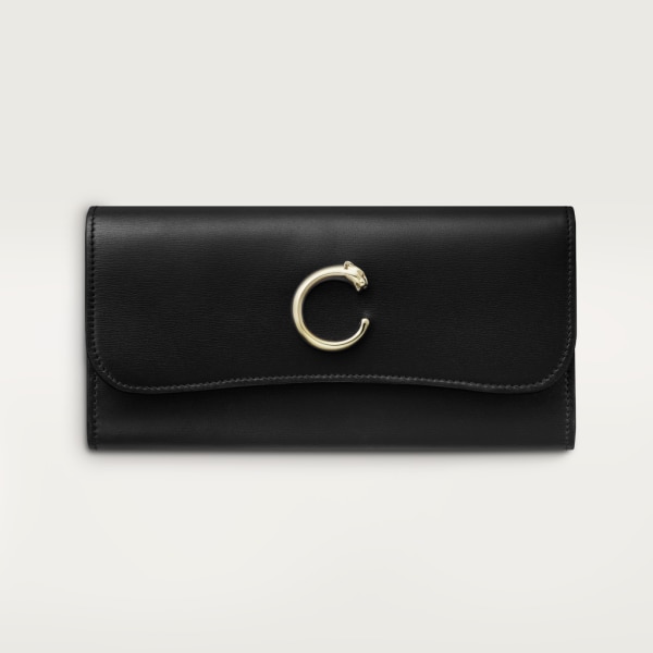 International wallet with flap, Panthère de Cartier Black calfskin, golden finish