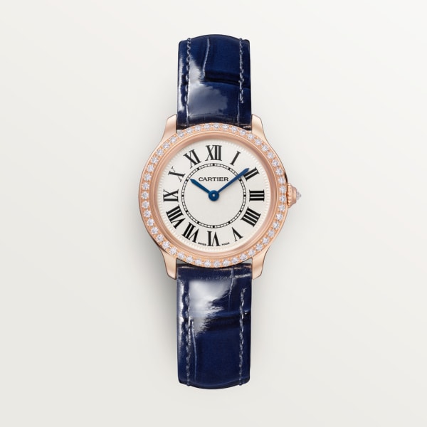 Ronde Louis Cartier watch 29 mm, quartz movement, rose gold, diamonds, leather