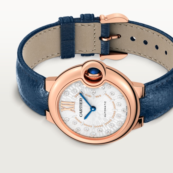 Ballon Bleu de Cartier watch 33 mm, automatic mechanical movement, rose gold, diamonds, leather