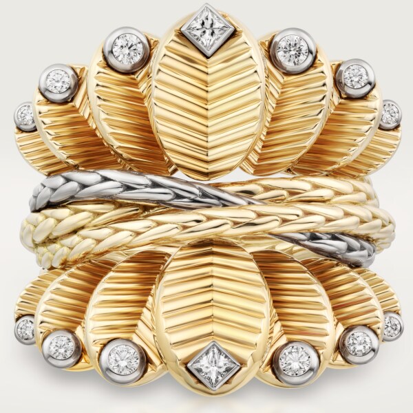 Grain de café ring Yellow gold, white gold, diamonds