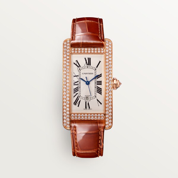 Tank Américaine watch MM Medium model, automatic movement, rose gold, diamonds, leather