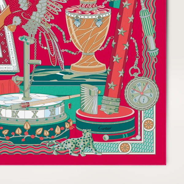 卡地亚档案馆图案方巾 90 红色和绿色斜纹真丝