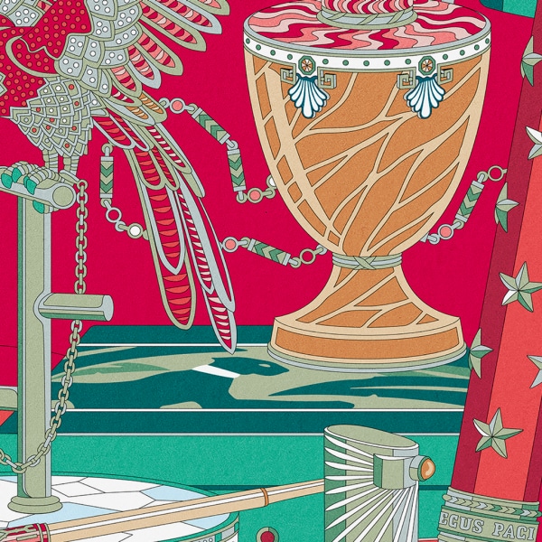 卡地亚档案馆图案方巾 90 红色和绿色斜纹真丝