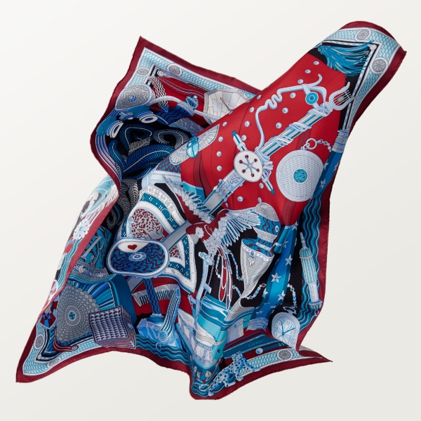 卡地亚档案馆图案方巾 90 红色和蓝色斜纹真丝