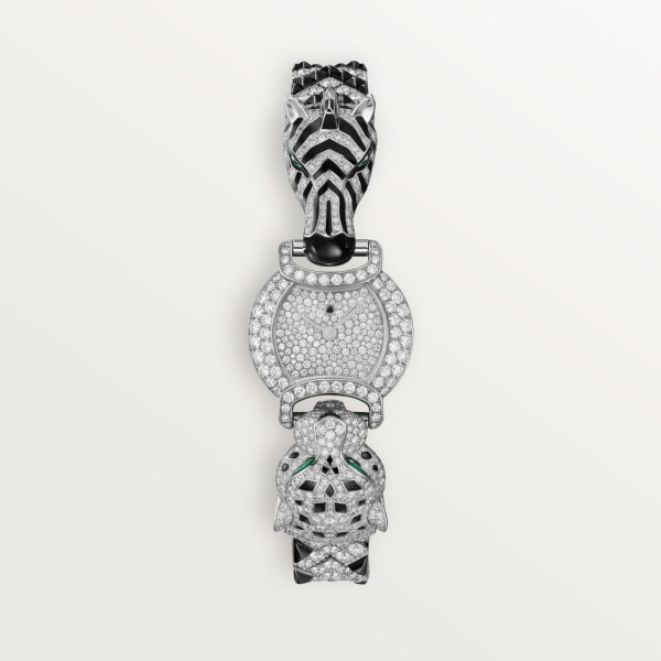 Indomptables de Cartier腕表 22.2 毫米，石英机芯，镀铑白金，祖母绿，钻石，尖晶石，缟玛瑙，金属表链