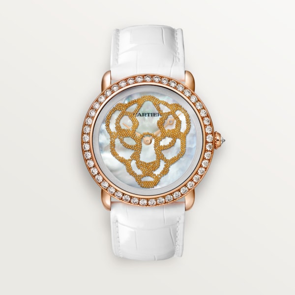 Révélation d'une Panthère watch 37 mm, manual, rose gold, diamonds, mother-of-pearl, leather