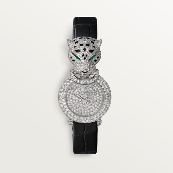 La Panthère de Carier Watch 23.6 mm, rhodium-finish white gold, diamonds, leather