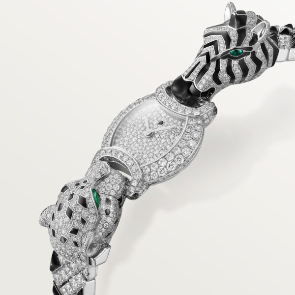 Indomptables de Cartier Watch 22.2 mm, quartz movement, rhodium-finish white gold, emeralds, diamonds, spinels, onyx, metal strap