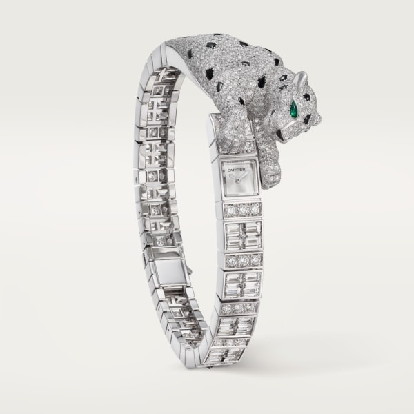 Panthère Jewellery Watches 26.98 x 8 mm, hand-wound movement, white gold, diamonds, emeralds, black onyx