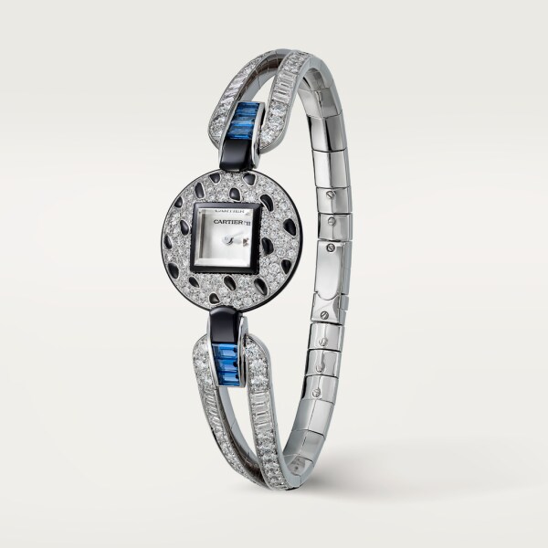 Panthère Jewellery Watches 21.66 mm, quartz movement, white gold, diamonds, sapphires, onyx