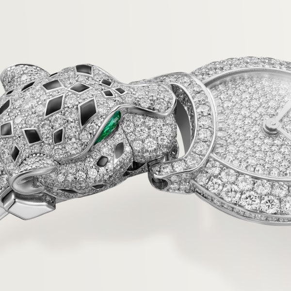 Indomptables de Cartier Watch 22.2 mm, quartz movement, rhodium-finish white gold, emeralds, diamonds, spinels, onyx, metal strap