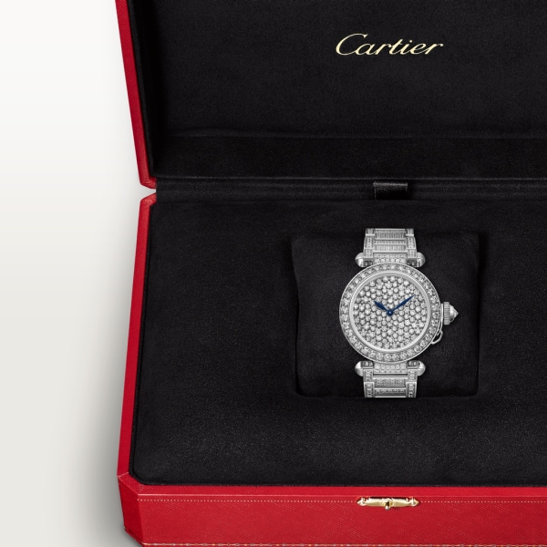 Pasha de Cartier“舞动钻石”高级珠宝腕表 35毫米表款，镀铑白金，钻石