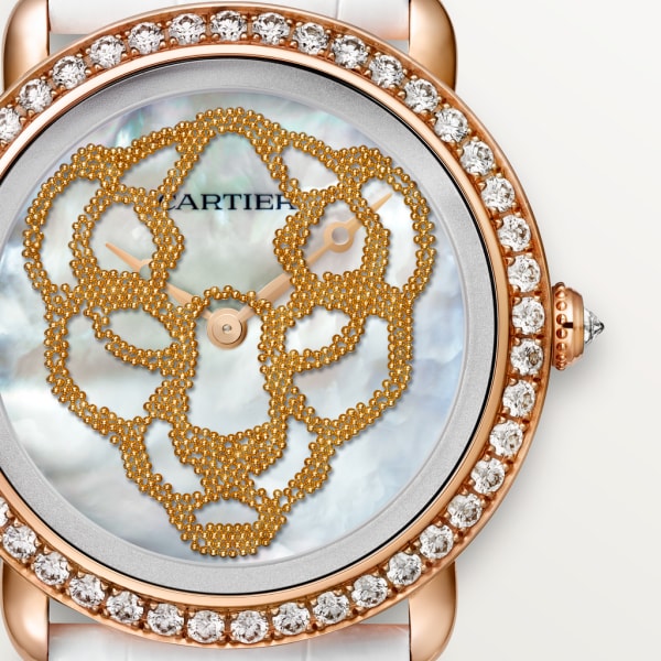 Révélation d'une Panthère腕表 37毫米表款，手动上链机械机芯，18K玫瑰金，钻石，珍珠母贝，皮表带