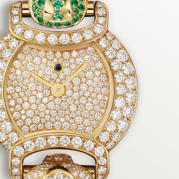 Indomptables de Cartier Watch 22.2 mm, quartz movement, yellow gold, diamonds, emeralds, rubies, spinels, metal strap