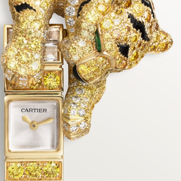 Panthère Jewellery Watches 26.98 mm x 8 mm, hand-wound movement, yellow gold, diamonds, emeralds, onyx