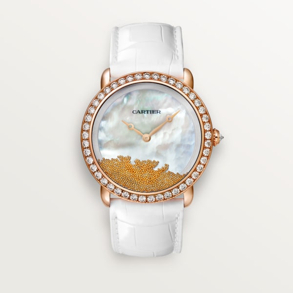 Révélation d'une Panthère watch 37 mm, manual, rose gold, diamonds, mother-of-pearl, leather