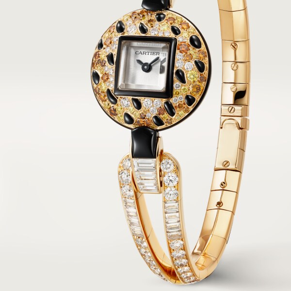 Panthère Jewellery Watches 21.66 mm, quartz movement, yellow gold, rose gold, diamonds, onyx