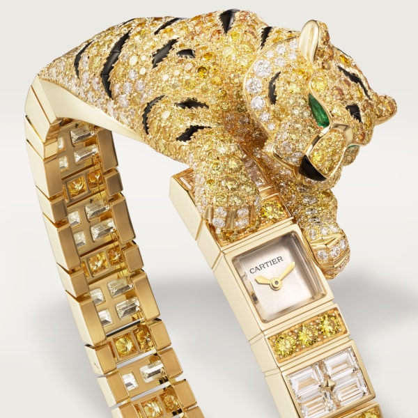 Panthère Jewellery Watches 26.98 mm x 8 mm, hand-wound movement, yellow gold, diamonds, emeralds, onyx