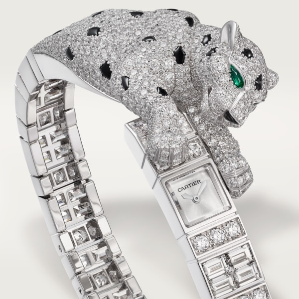 Joaillère Panthère 腕表 26.98 x 8 毫米，手动上链机械机芯，白金，钻石，祖母绿，黑色缟玛瑙