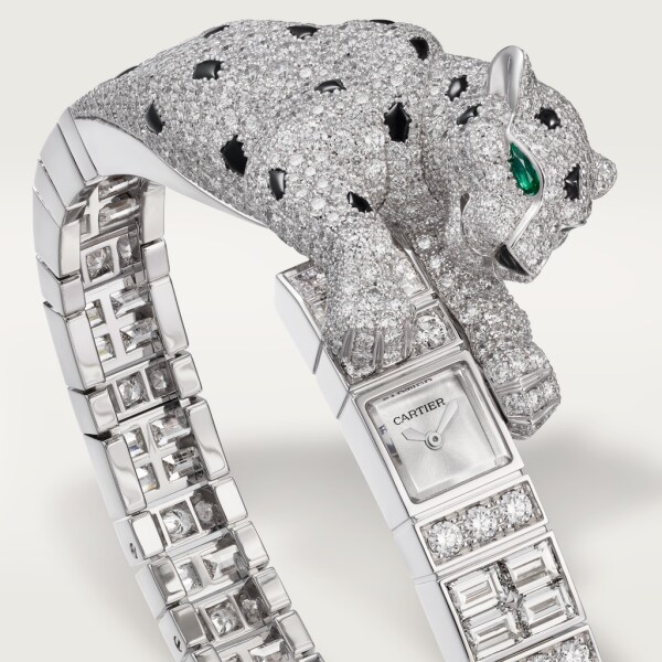 Panthère Jewellery Watches 26.98 x 8 mm, hand-wound movement, white gold, diamonds, emeralds, black onyx