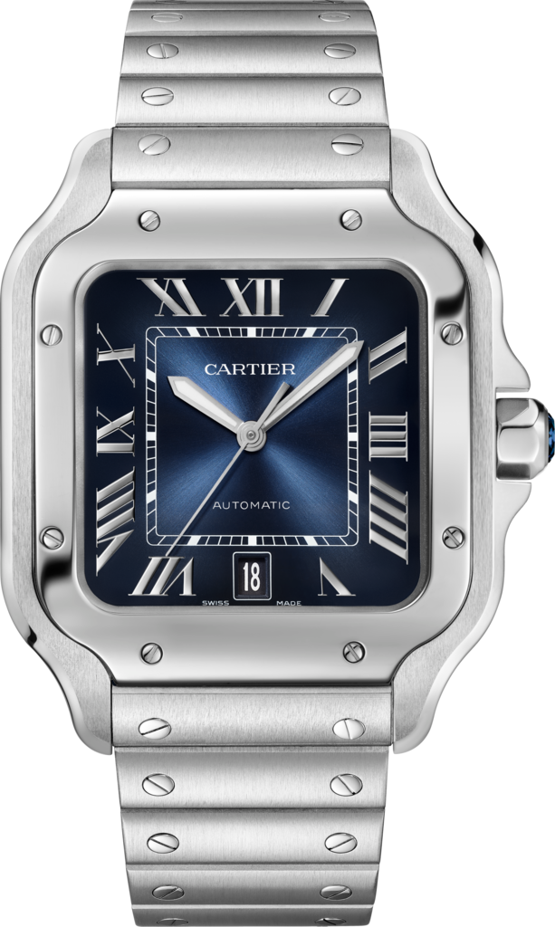 Santos de Cartier腕表大号表款，自动上链机械机芯，精钢，可替换式金属表链与皮表带