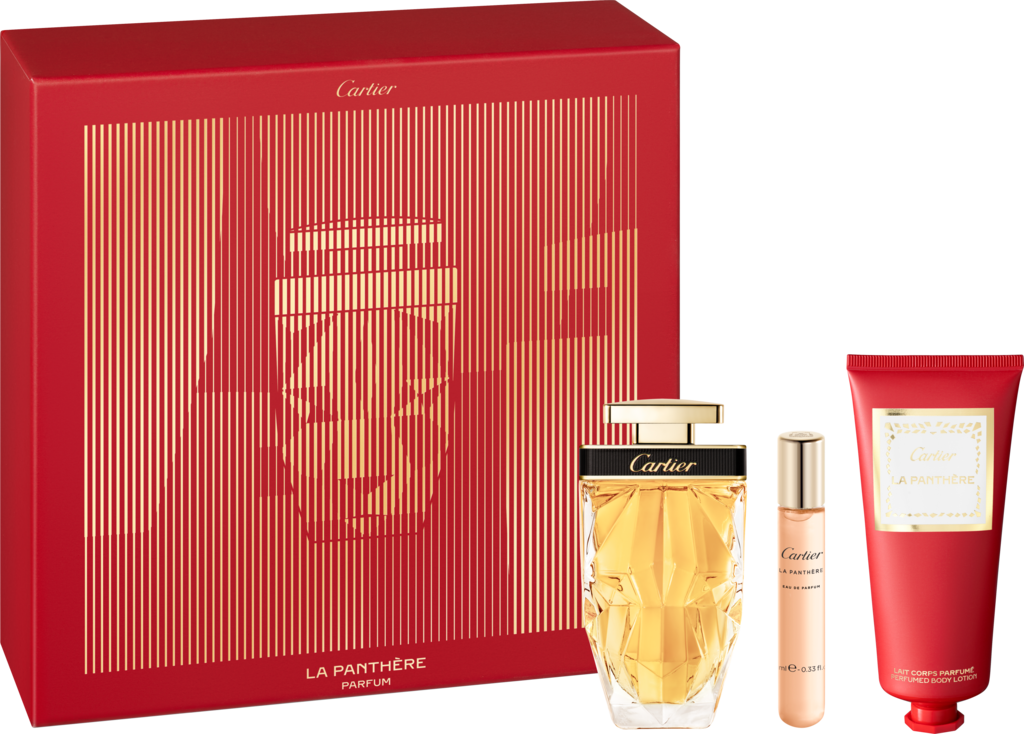 Set with 75 ml La Panthère Parfum, 10 ml La Panthère Eau de Parfum Purse Spray and 100 ml Perfumed Body Lotion.Gift set