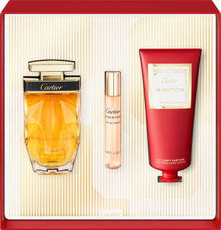 Set with 75 ml La Panthère Parfum, 10 ml La Panthère Eau de Parfum Purse Spray and 100 ml Perfumed Body Lotion. Gift set