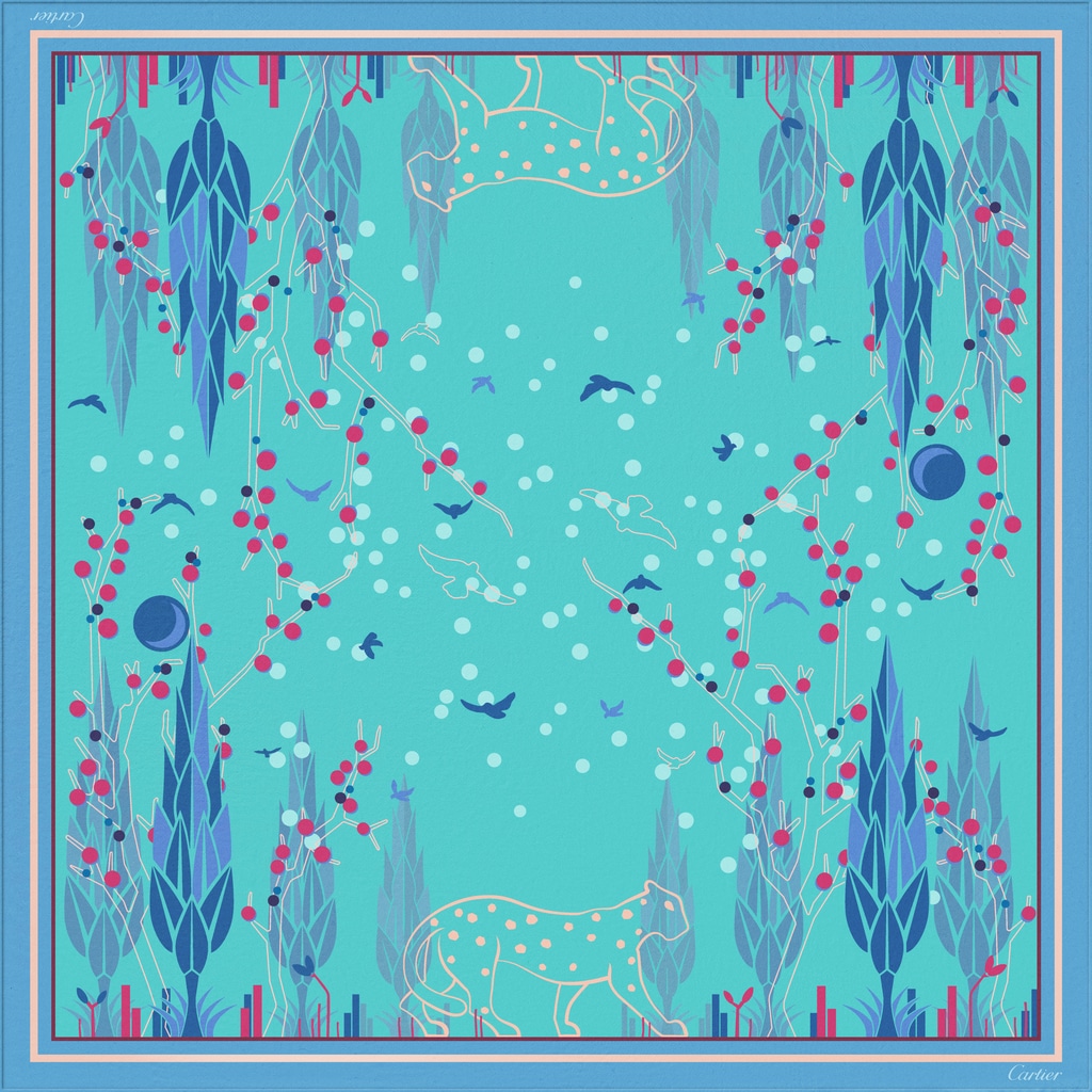 Panther Garden motif square 90Turquoise blue silk twill