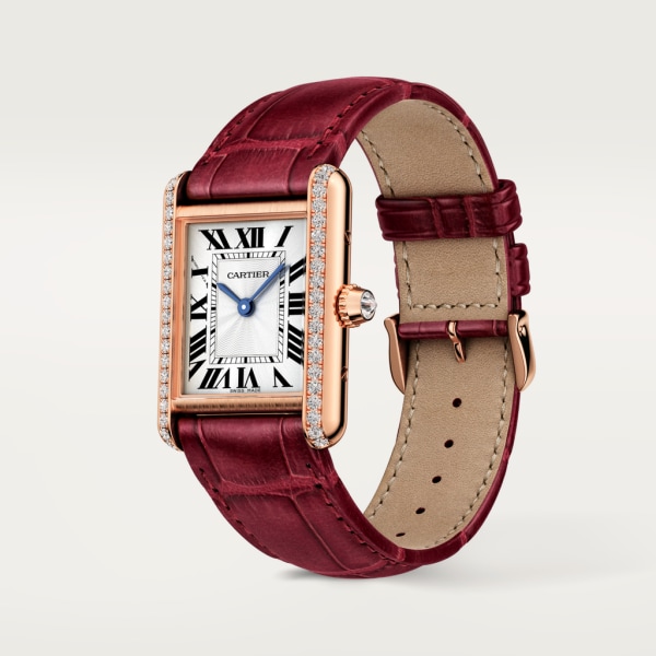 Tank Louis Cartier watch Small model, hand-wound mechanical movement, rose gold, diamonds, leather