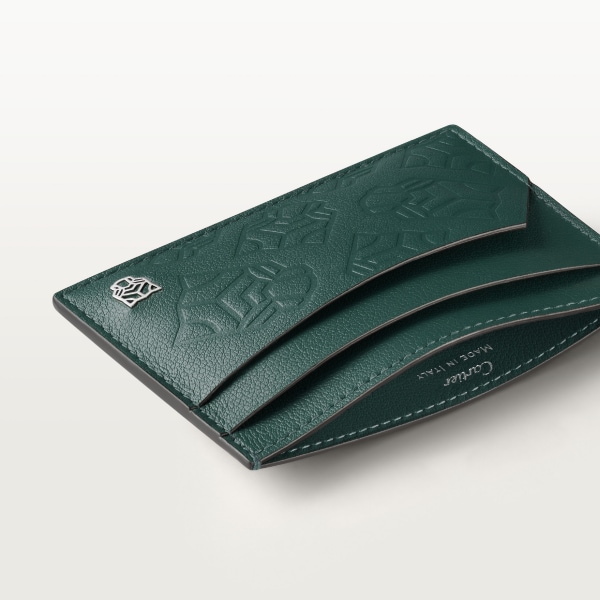 Double card holder, Panthère de Cartier Pine green embossed calfskin, palladium finish