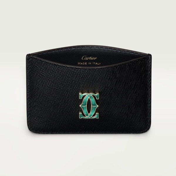 C de Cartier系列单层卡片夹 黑色纹理质感小牛皮，镀金饰面和渐变绿色珐琅