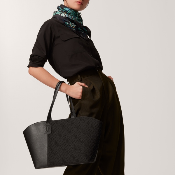 Tote bag, C de Cartier Black textured calfskin and embroidery, golden finish