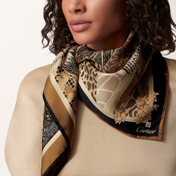 91 scarf, Woman with a Panther Beige & caramel silk twill