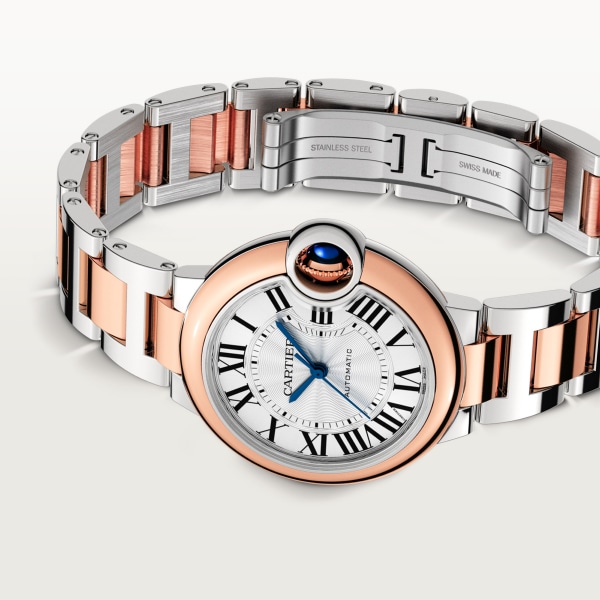 Ballon Bleu de Cartier watch 33 mm, mechanical movement with automatic winding, rose gold, steel, diamonds