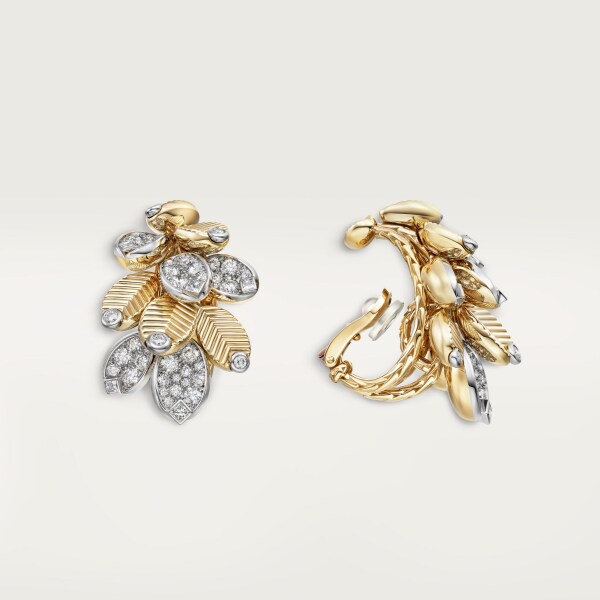 Grain de Café earrings, semi-paved Yellow gold, platinum, diamonds