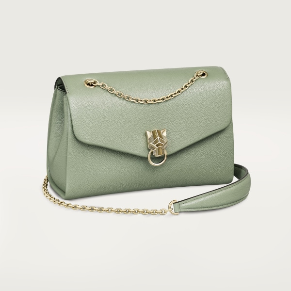 Small model chain bag, Panthère Graphique de Cartier Sage green grained calfskin, golden finish