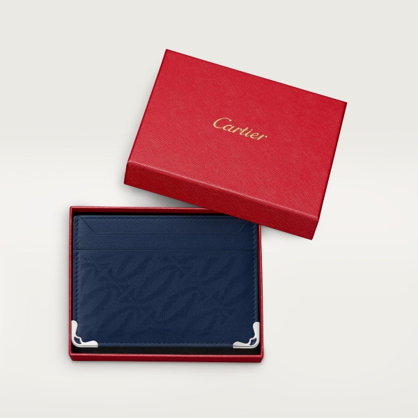 Double card holder, Must de Cartier Navy blue perforated logo calfskin, palladium finish 