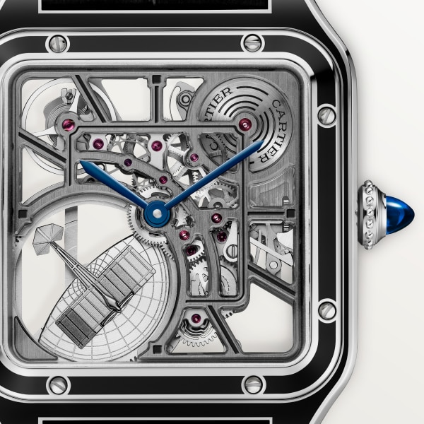 Santos-Dumont skeleton watch equipped with a micro-rotor Large model, automatic skeleton movement, steel, lacquer, 2 leather straps