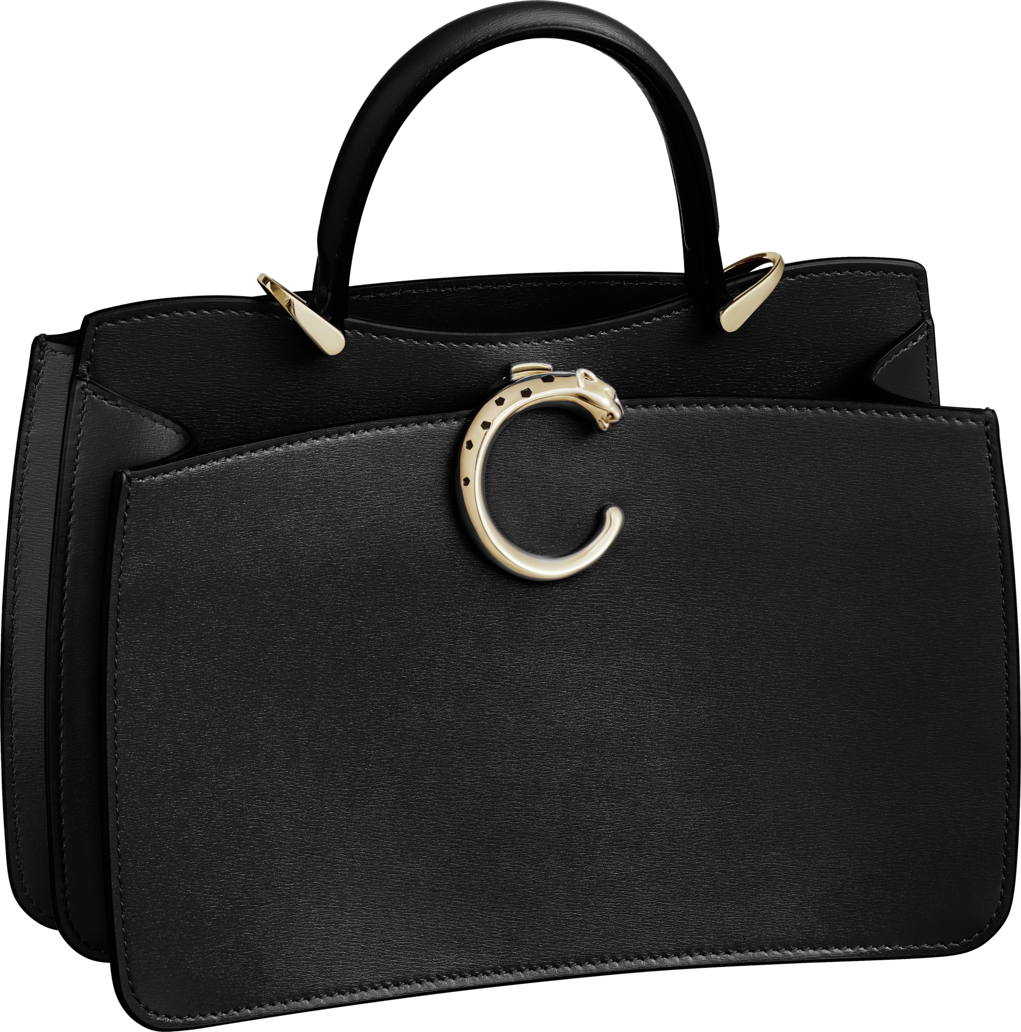 Handle bag mini model, Panthère de CartierBlack calfskin, golden finish