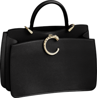 Handle bag mini model, Panthère de Cartier Black calfskin, golden finish